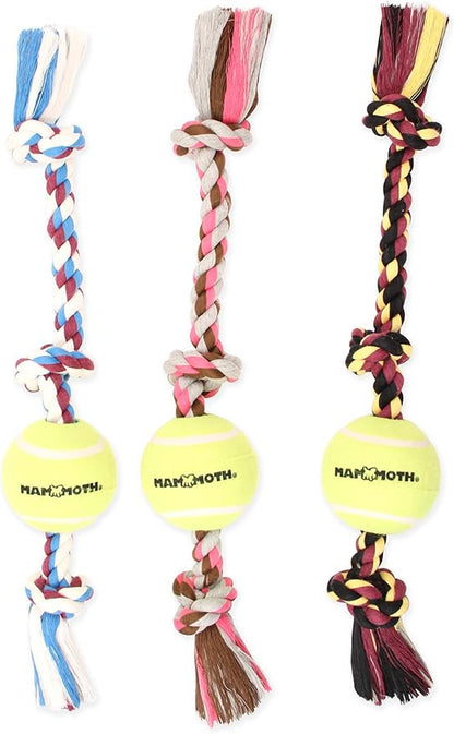 Mammoth Flossy Chews Color 3 Knot Tug w/Large Tennis Ball – Premium Cotton-Poly Tug Toy for Dogs – Interactive Dog Tug Toy – Rope Dog Toy with Tennis Ball for Large Dogs - 24”