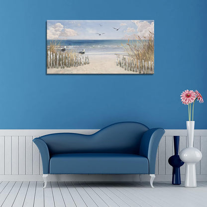 XXMWallArt FC3775 Sandy Beach Wall Art Canvas Print Wall Art Seascape Blue Print Home Decor Abstract Coastal Picture Modern Ocean Artwork for Living Room Bedroom Bathroom Office Decor