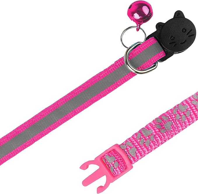 BANMODER 2 Pack Reflective Cat Collar Breakaway with Bell,Personalized Kitten Collars,Adjustable Safety Buckle Collar for Male Cats Girls & Boys (Hot Pink)