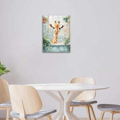 Bathroom Funny Giraffe Pictures Wall Art, Watercolor Giraffe Bathroom Wall Decor, Animal Framed Painting Canvas Artwork for Living Room Decorations 20"L x 16"W