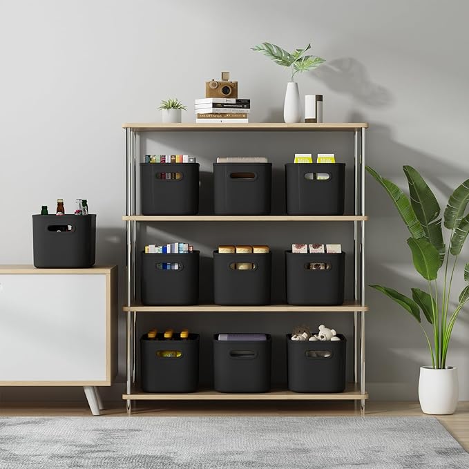 6 Pack Black Storage Bins with Lids Stackable Storage Container for Organizing, Black Storage Boxes with Handle for Shelves, Cute Organizer Bins for Craft, Snacks, 9.85x6.9x5.7 inch