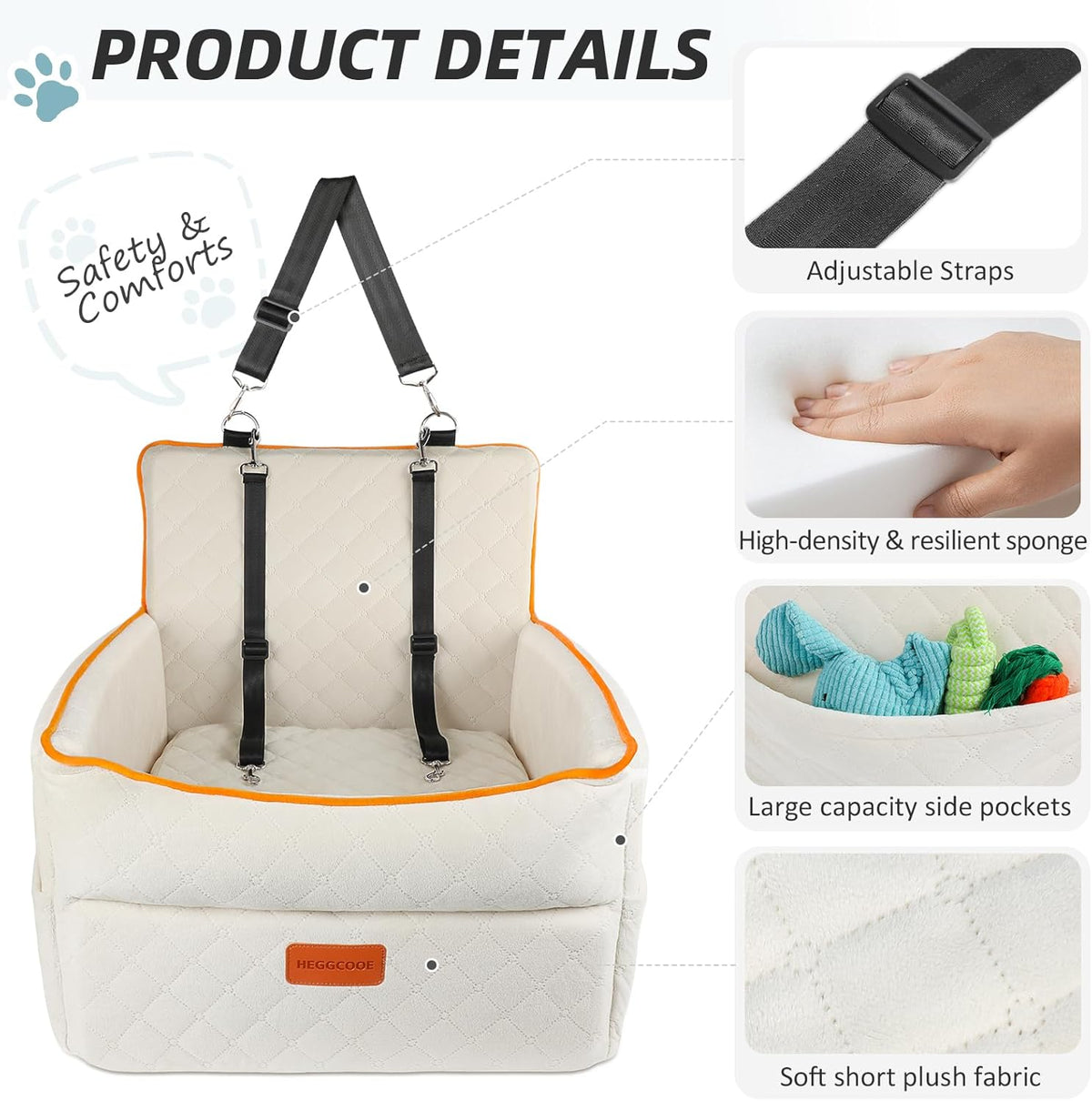 Dog Car Seat for Small Medium Dogs, Memory Foam Dog Booster Seats with Thick Cushion for Dogs Under 35lbs, Detachable Washable Pet Car Seat Travel Bed with Storage Pockets,2 Safety Belt