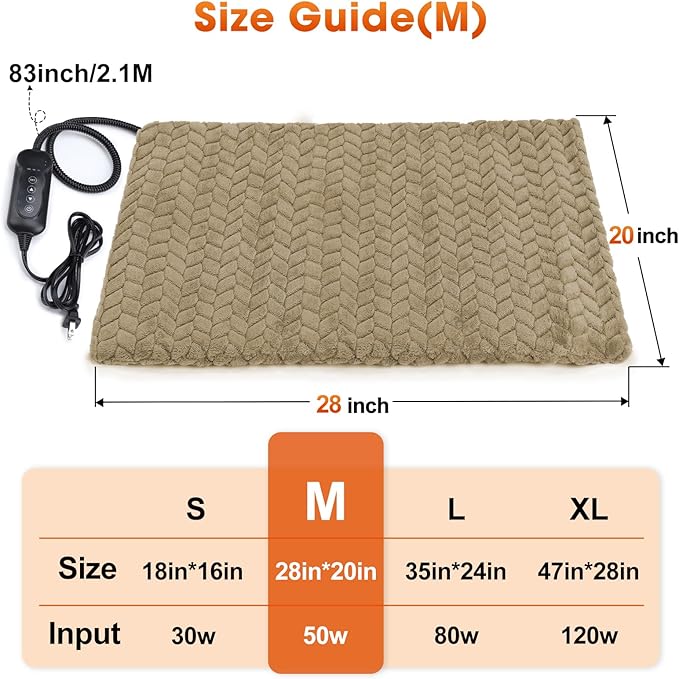 GASUR Pet Heating Pad, Waterproof Electric Dog Cat Heat Pad with Timer, Temperature Adjustable Heated Cat Bed for Winter, Auto Power-Off, Anti-bite Heated Pad for Dogs Cats -28''x20'', Medium