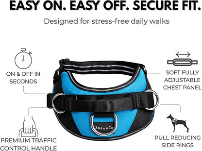 ShawnCo Essential Dog Harness, No-Pull Pet Vest (Pacific Blue,XS) | 3 Leash Clips, Easy On, No-Choke, Reflective, Adjustable Fit, Padded Comfort, Control Handle, For Small, Medium & Large Dogs