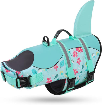 Dog Life Jacket, Dog Life Vest for Swimming, High Buoyancy Shark Swimming Safety Vest for Large Dogs, Reflective Pet Lifesaver Preserver with Rescue Handle, Blue Flower XL