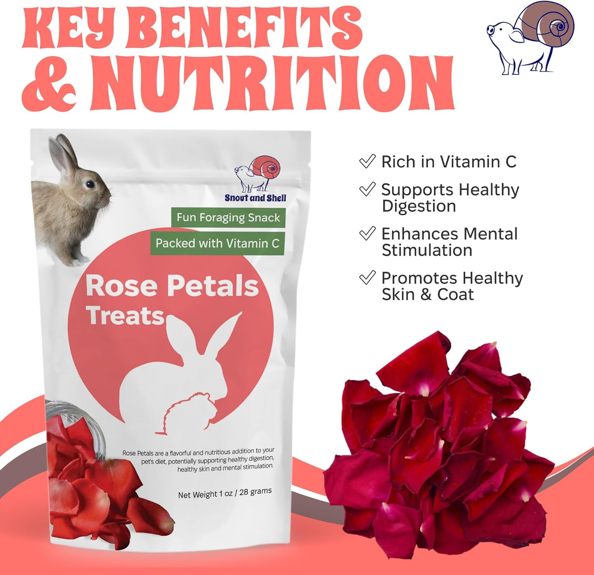 Snout and Shell Rose Petals Treats – Natural Snack for Rabbits, Guinea Pigs & Chinchillas – Vitamin C & Digestive Support, 1 oz