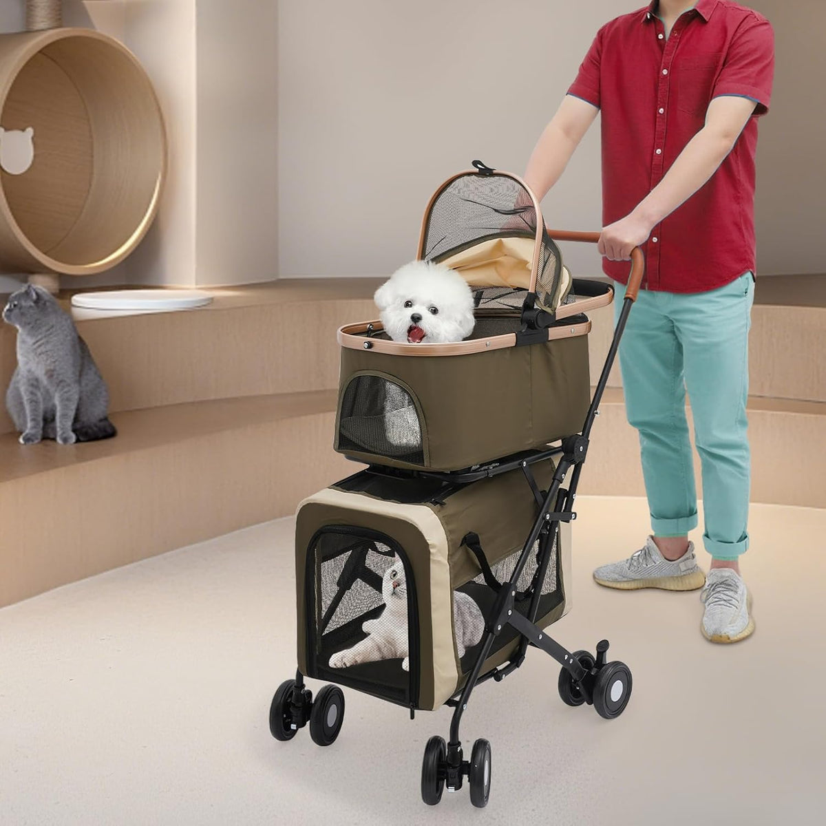 Double Pet Stroller for Dogs and Cats, Foldable Dog Stroller Travel Carriage with Detachable Carriers, Safety Belts, and 4 Lockable Wheels for Small to Medium Pets (Dark Green)