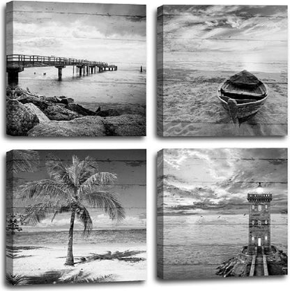 Yxbhhym- Black and White Beach Wall Art Seascape Scenery Canvas Wall Picture Print Sea Palm Poster Painting Office Décor Bedroom Bathroom Wall Art Living Room Home Kitchen Wall Decoration Framed