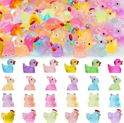 Mini Resin Animals to Hide 72 PCS Luminous Tiny Miniature Figurines Bulk Glow in The Dark Include Little Ducks Small Chicken Rabbits Frogs for Garden Micro Landscape Aquarium Potted