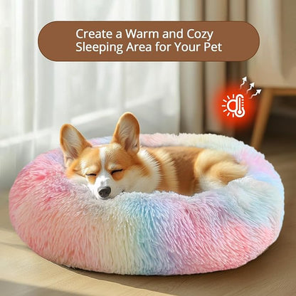 JOLLYVOGUE Calming Dog Bed for Small Dogs - 23 inches Donut Washable Small Dog Bed for Kittens & Puppies, Anti-Slip Round Fluffy Plush Faux Fur Cat Beds (Fits up to 25 lbs Pets, Rainbow)