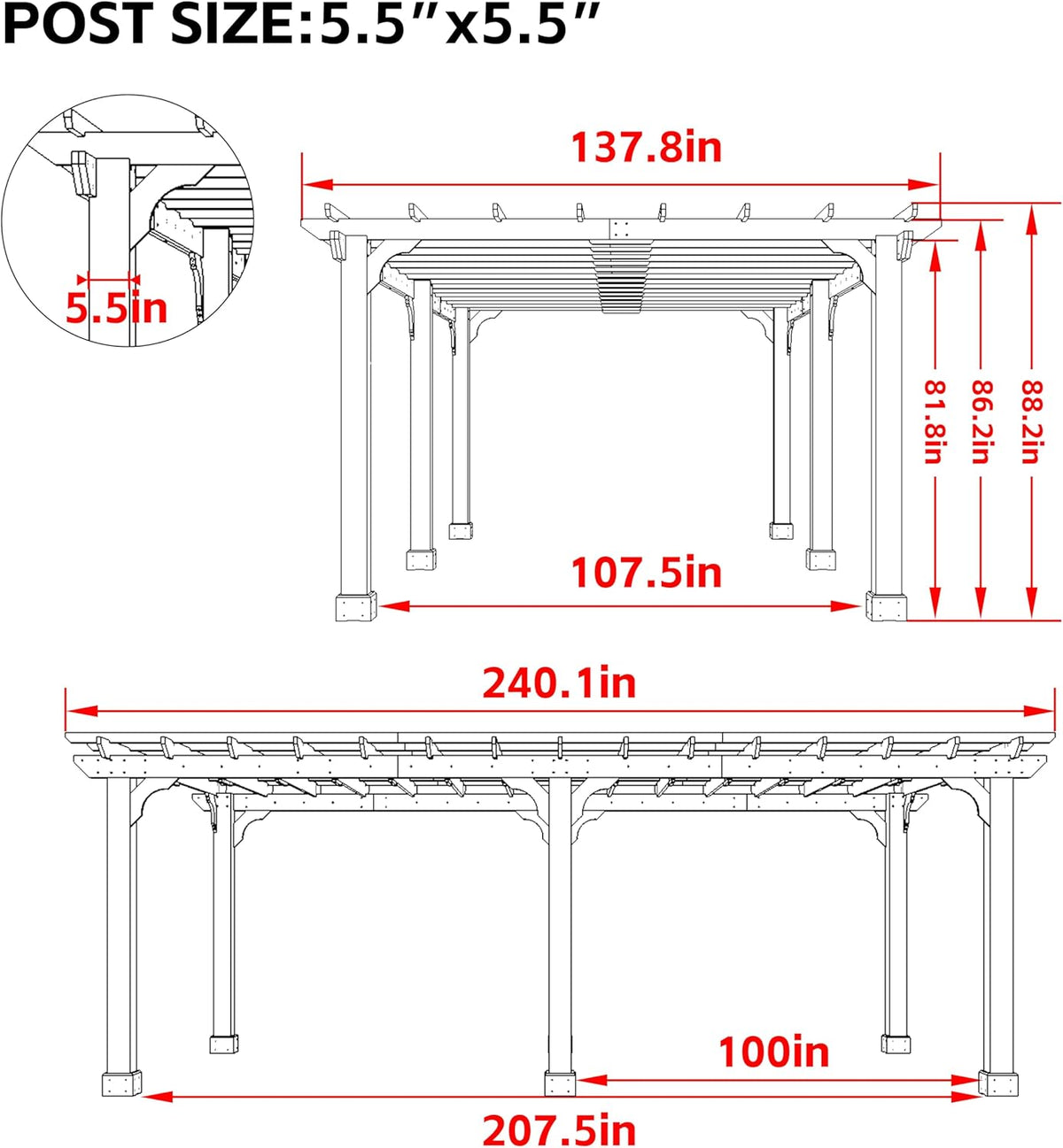MUPATER 12x20 FT Retratable Wooden Pergola Gazebo for Patio Stakes, Quality Supported Structure, Snow and Wind Supported, Outdoor Pergola Garden Shelter Cedar Framed for Backyard,Deck,Garden