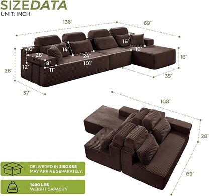 136" L-Shaped Cloud Modular Sectional Sofa with Chaise & Headrest, Boneless Deep Seat Plush Corduroy Couches for Large Living Room, No Assembly Required (Brown, 136" L-shapred Chaise)
