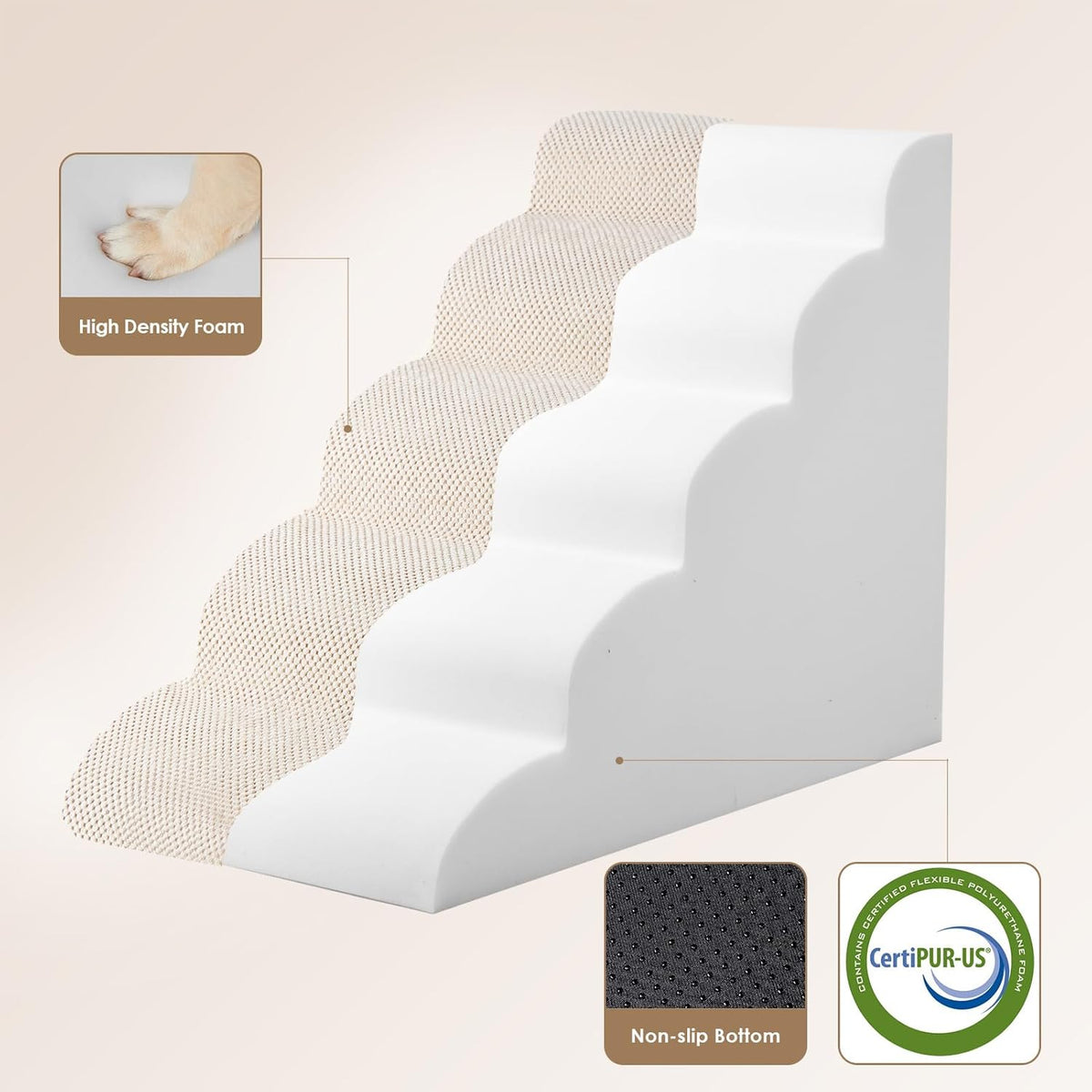 EHEYCIGA Curved Dog Stairs Ramp for High Beds 22.6" H, 5-Step Dog Steps for Small Dogs and Cats, Pet Stairs for High Bed Climbing, Non-Slip Balanced Pet Step Indoor, Beige