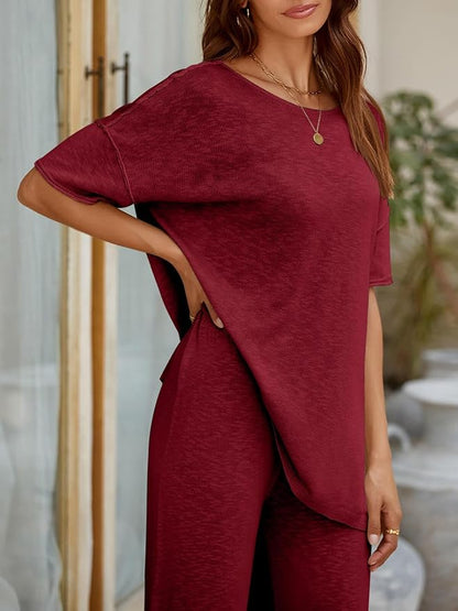 Tankaneo Women's 2 Piece Travel Outfits Casual Short Sleeve Knit Sweater Set Wide Leg Pants Lounge Sets Tracksuit