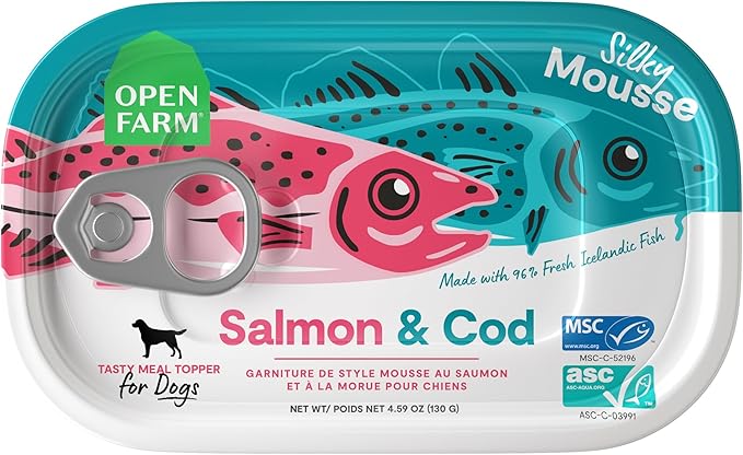 Open Farm, Canned Dog Food Topper, Silky Mousse Made with 96% Responsibly Sourced Icelandic Fish, Grain & Legume Free, Salmon & Cod Recipe, 4.59oz Cans (Pack of 12)