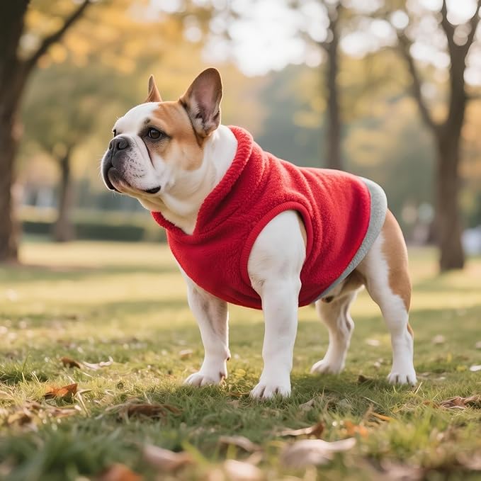Idepet 2 Pack Dog Fleece Vest Sweater Warm Pullover Jacket with D-Ring Leash Reflective Winter Coat Hoodie for French Bulldog Pug Chihuahuas Yorkies Dachshunds(Red&Rose Red,X-Large-French Bulldog)