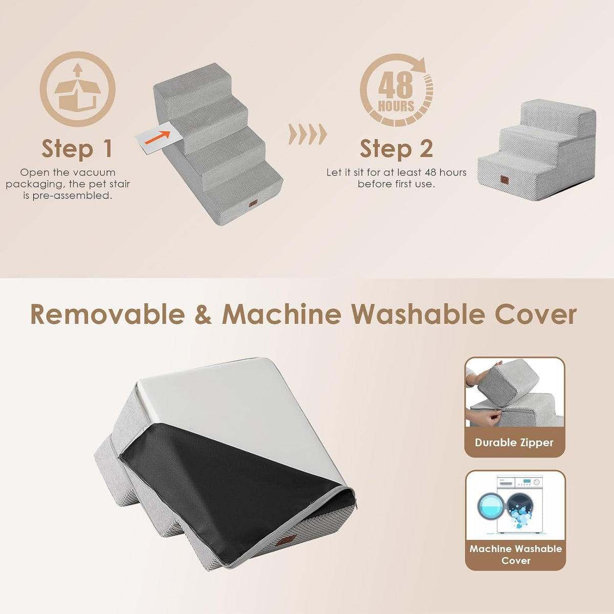 EHEYCIGA Dog Stairs for Small Dogs 13.5" H, 3-Step Dog Steps for Couch Sofa and Chair, Pet Steps for Medium Cats, Non-Slip Balanced Pet Ramp Indoor, Light Grey