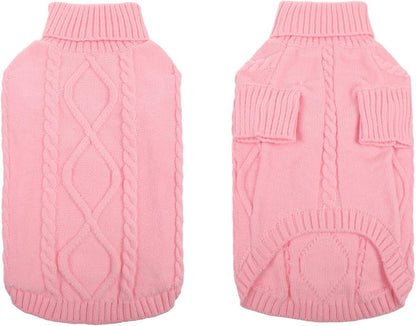 Queenmore Small Dog Pullover Sweater, Cold Weather Cable Knitwear, Classic Turtleneck Thick Warm Clothes for Chihuahua, Bulldog, Dachshund, Pug, Yorkie (Pink, Medium)