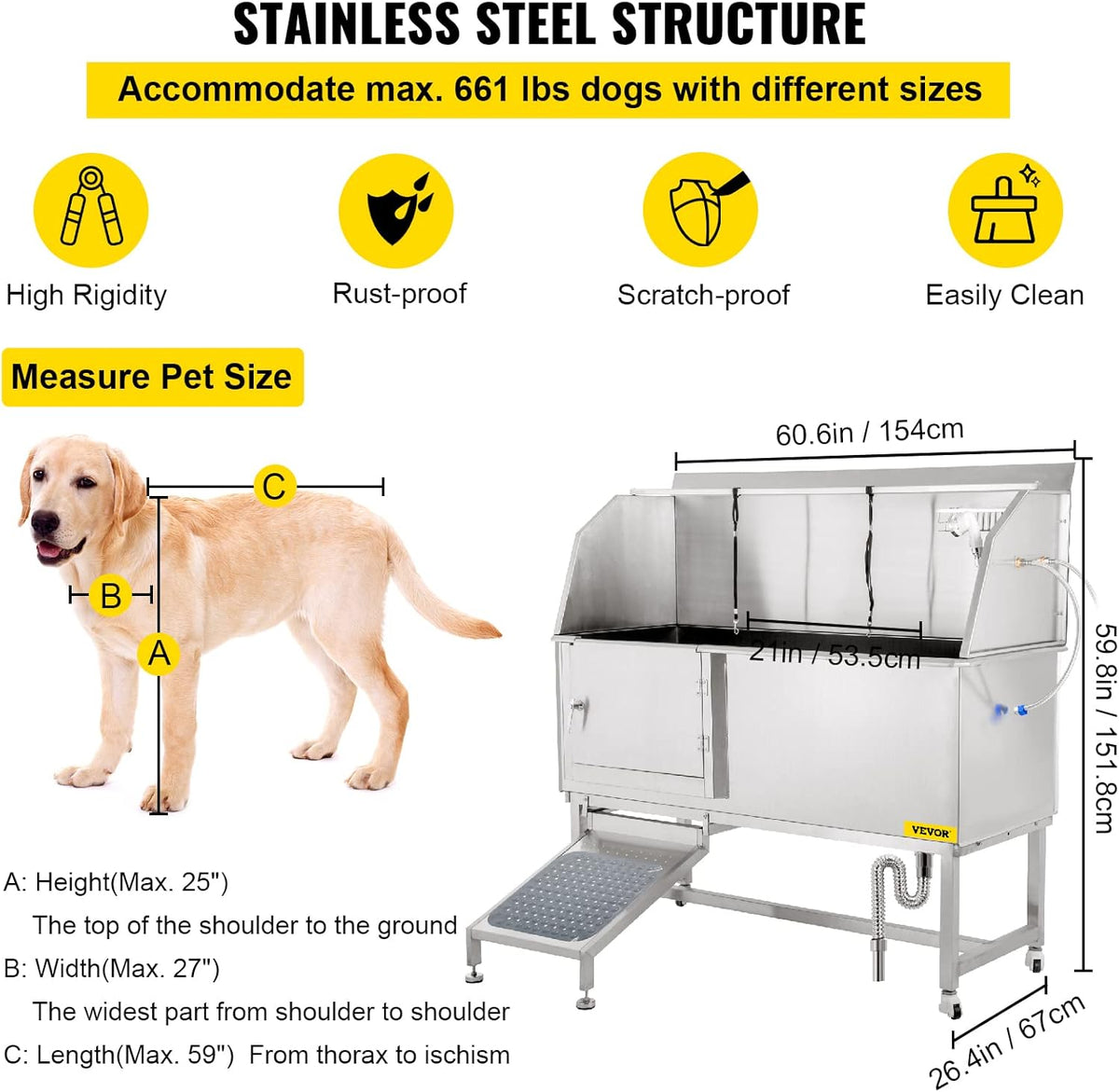 VEVOR Dog Grooming Tub, 62" L Pet Wash Station, 304 Stainless Steel Pet Grooming Tub Rated 661LBS Load Capacity, Non-Skid Dog Washing Station Comes with Ramp, Faucet, Sprayer and Drain Kit