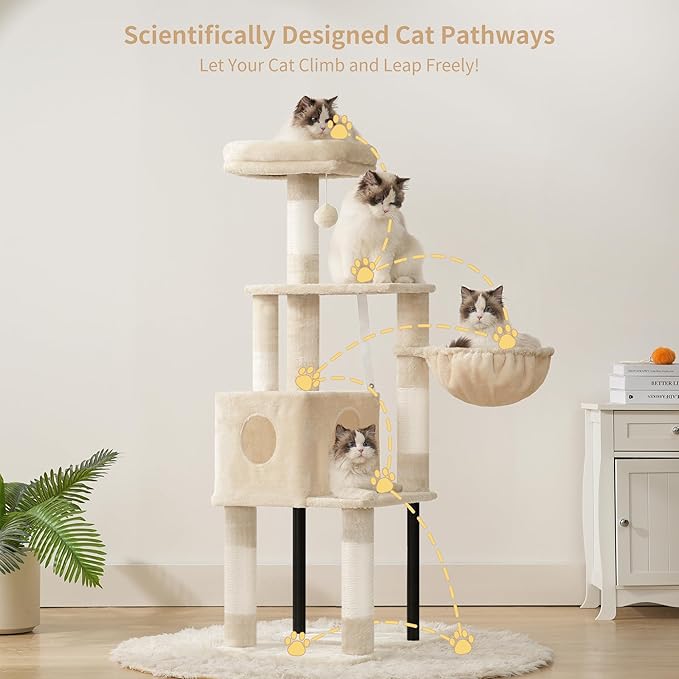 Heybly Cat Tree, 49.2 Inches Cat Tower for Indoor Cats, Spacious Cat House Condo with Hidden Space，Sturdy Steel Tube，Soft Plush Top Perch，Cozy Hammock and Sisal Scratching Posts, Beige HCT200SM