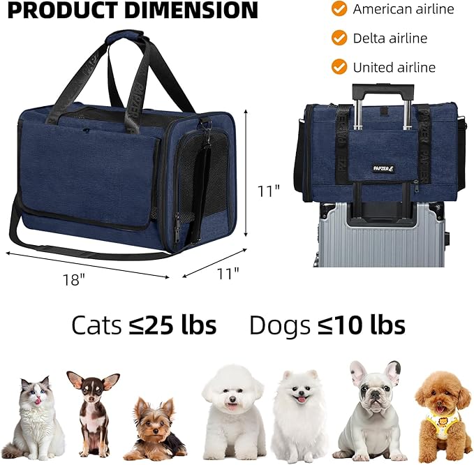 Top Load Medium Cat Carrier Privacy Curtain, American Airline Approved TSA Pet Travel Crate Suitcase Luggage Sleeve, Soft-Sided Teacup Poodle Dog Vet Bag Cage 18x11x11 Delta Under Seat Navy