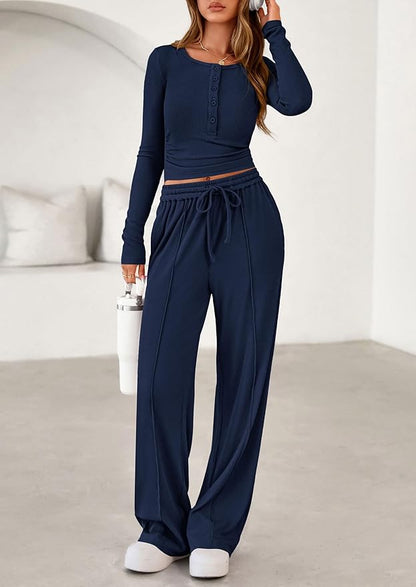 PRETTYGARDEN Women's 2026 Fall Trendy 2 Piece Outfits Lounge Sets Long Sleeve Top Henley Shirts Wide Leg Pants Travel Clothes
