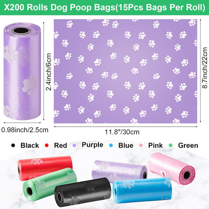 Thenshop 3000 Counts 200 Rolls Dog Poop Bag Plastic Dog Waste Bags Disposable For Doggie Pets Poop Outdoor Walking Travel Mixed Colors(Paw Print Style)