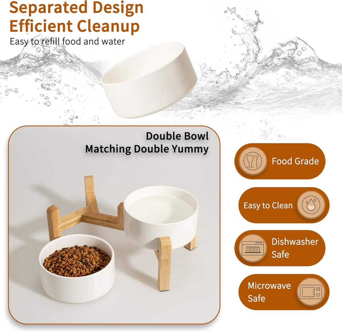 Elevated Ceramic Dog Bowl Set - Raised Dog Bowls with Non-Slip Bamboo Stand - Dog Food and Water Bowl Set - Double Dog Feeding Bowls - Suitable for Small and Medium Dogs - 28.74 OZ - 3.6 CUPS - 850 ML