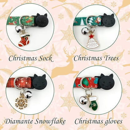 Christmas Cat Collar Set - Xmas Cat Adjustable Breakaway Collars with Bells & Charms 4Pcs Per Set