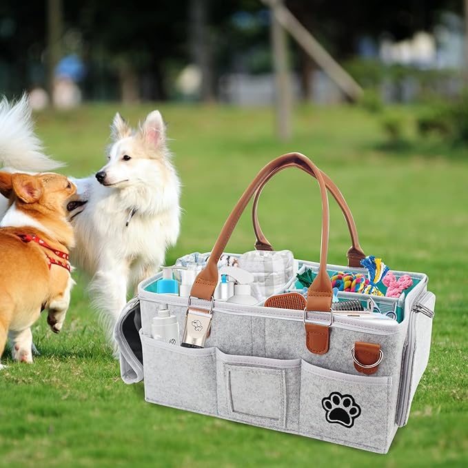 Felt Dog Grooming Bag,Portable Tote Bag for Dog and Cat,Puppy Storage Organizer for Grooming Tool Kit,3 Compartments Pet Stuff Oganizer with 8 Pockets