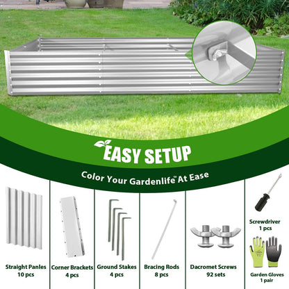 A ANLEOLIFE 8X4X1.5 ft Galvanized Raised Garden Bed, Rectangle Above Ground Modular Metal Planter Boxes Outdoor for Vegetables Flowers Herbs, Anti-Rust & Easy-Setup, Antique White