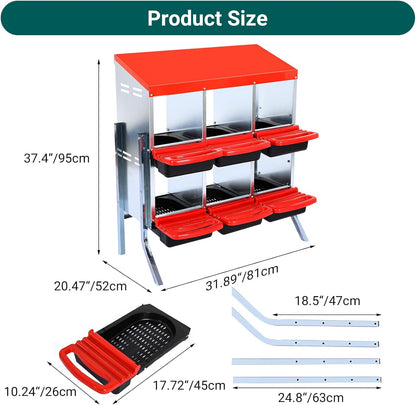 Chicken Nesting Box, 6 Hole 2 Layer Hen Nest Boxes with Legs, Roll Away Eggs Laying Boxes,Cleanable Pull Out Hen Roosting Boxes