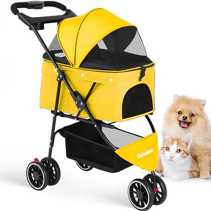 Pet Stroller,Dog Stroller for Small Medium Dogs Cats,3 Wheels,Yellow | Foldable,with Breathable Mesh Canopy,Cup Holders,Easy Assembly