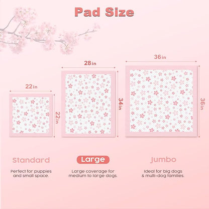 MIZOK Pink Puppy Pads with Adhesive Tabs Disposable No Leak XL 28x34in 40Ct | Cute Cherry Blossom Prints Provide 6 Layer Protection Extra Absorbent Doggy Pads Designed for Clean Daily Indoor Use