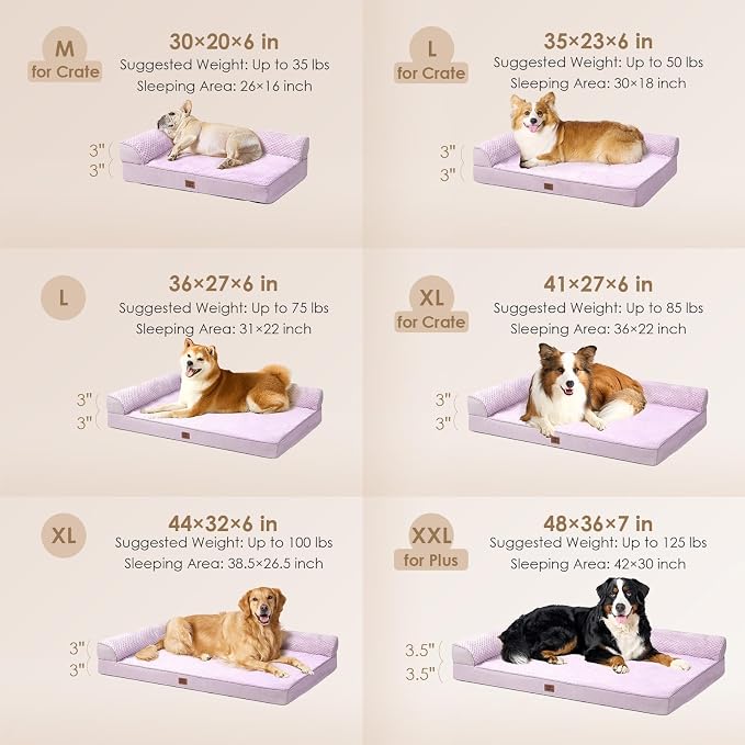 EHEYCIGA Memory Foam Dog Bed for Crate, Large Orthopedic Dog Bed, Lilac | Washable Removable Cover, Waterproof Flat Pet Sofa Couch with Nonskid Bottom, 36x27x6