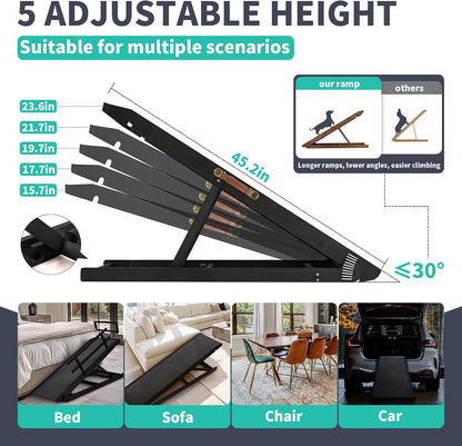 Dog Ramp, 5 Level Adjustable Wooden Folding Pet Ramp for Middle Bed, Couch,SUV-High Traction, Portable Paw Ramps for Small & Large Old Dogs & Cats - Furniture Quality