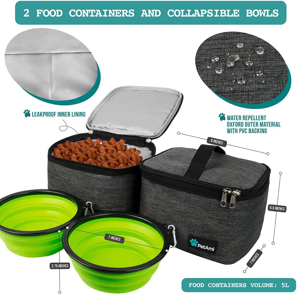 PetAmi Dog Travel Bag - Organizer with Food Container and Bowls, Supplies for Weekend Camping, Cat Diaper Bag (Charcoal, Large)