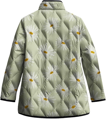 LIZALIG Women's Cropped Puffer Jacket Lightweight Floral Print Long Sleeve Padded Quilted Puffy Cardigan Coat