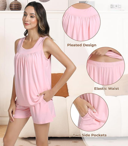 NACHILA Pajamas for Women-Viscose from Bamboo, Ribbed Racerback Tank Top Sexy Split Shorts Pajama Sets Cooling Sleep Cami Pjs