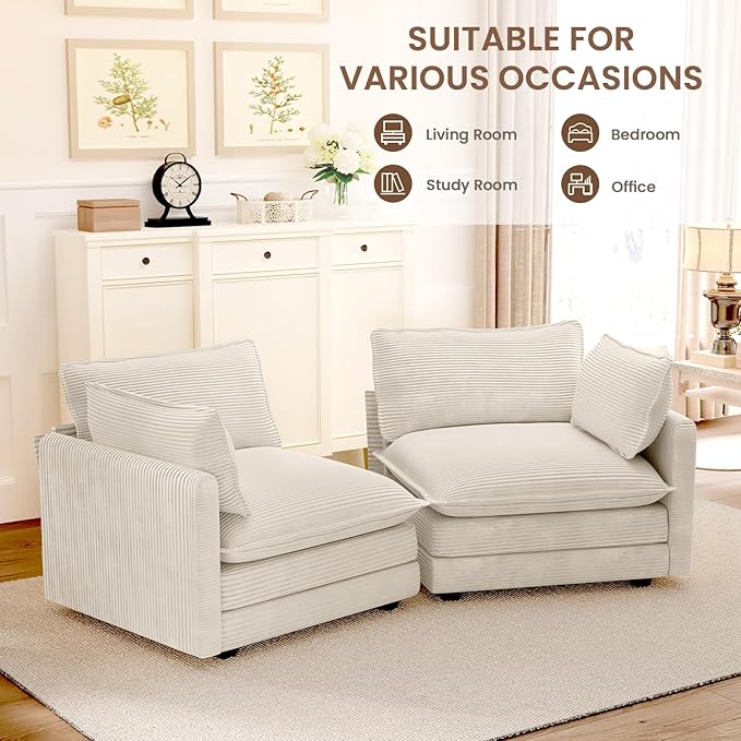 ROWHY 78'' Sectional 2 Seat Cloud Loveseat with 2 Throw Pillows, Modern Corduroy Love Seat, Cozy Sofa for Living Room, Office and Bedroom, Beige