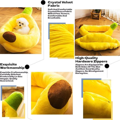Banana Pet Bed for Small Dogs and Cats, Cozy Enclosed Calming Cave Bed with Removable Plush Cushion for Indoor Kittens Puppies Small Pets (Banana Bed + Mat + Bone Toy, X-Large)