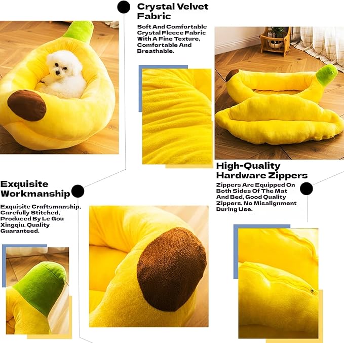 Banana Pet Bed for Small Dogs and Cats, Cozy Enclosed Calming Cave Bed with Removable Plush Cushion for Indoor Kittens Puppies Small Pets (Banana Bed + Mat + Blanket + Bone Toy, Large)