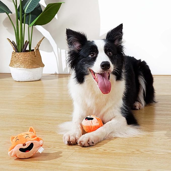 MewaJump Squeaky Dog Toys with Ball 3-in-1 Plush Cute Chew Toy with 3 Layers Puzzle Pet Toy for Teeth Cleaning Puppy Enrichment for Small and Medium Breed (Fox)