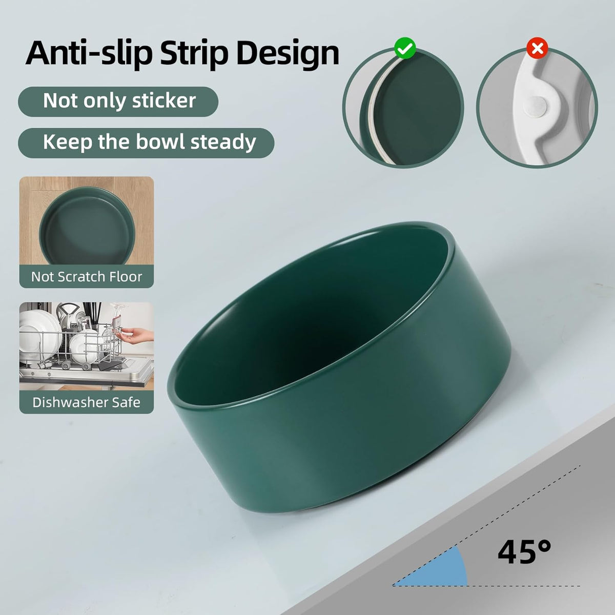 Ceramic 6.1inch Non-Slip Dog Food and Water Bowl for Small & Medium Breed Dogs,Pet Bowl for Replacement, Protects Cervical Spine (Green)