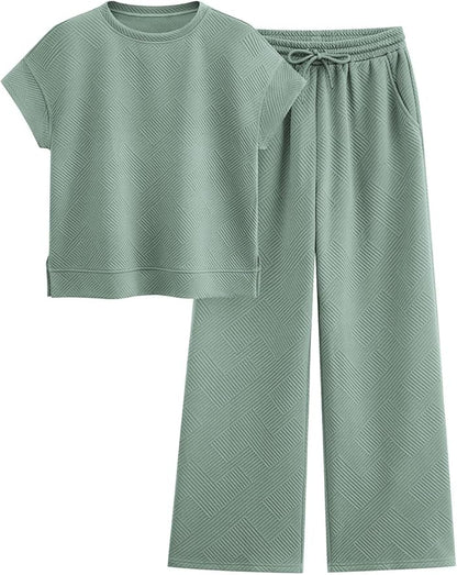 PRETTYGARDEN 2 Piece Outfits For Women Casual Tracksuit Short Sleeve Tops And Wide Leg Long Pants Matching Lounge Sets