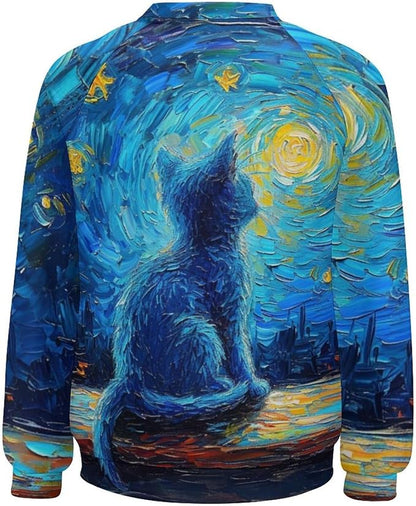 Long Sleeve Shirts for Women Cat Oil Painting Shirt 3D Graphic Sweatshirts Fall Pullover Crewneck Vintage Boho Tops