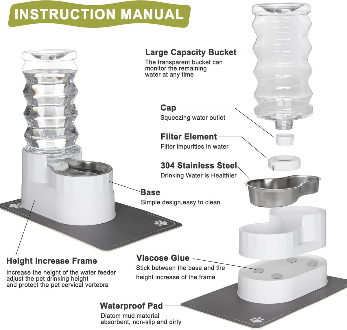 RIZZARI Large Water Dispenser for Dogs: 9L Automatic Stainless Steel Gravity Raised Pet Feeder for Pet Dogs Indoor/Outdoor