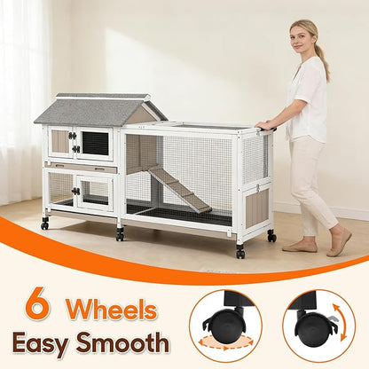 59 in Rabbit Hutch Indoor Bunny Cage, with 3 Leak-Proof Removable Trays, Expandable 2-Story Wooden Waterproof Roof Bunny House Outdoor Chicken Coop