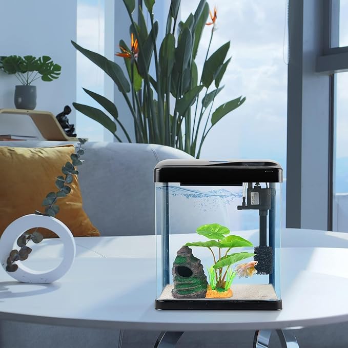 Betta Fish Tank Self Cleaning 2 Gallon Small Aquarium Starter Kits Desktop Room Decor w/LED Light Decorations & Whisper Filters Water Pump (260V2)