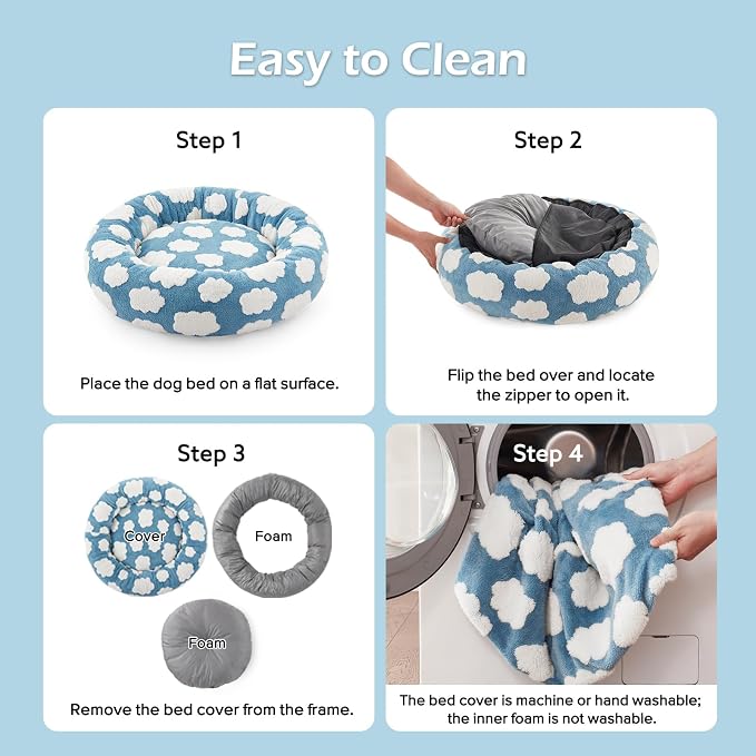 JOEJOY Jacquard Donut Round Dog Beds Medium Sized Dog,Blue 30x30x8in, Removable Washable Cover, Cute Pattern, Ultra Soft Fluffy Calming Pet Bed with Thick Supportive Bolster